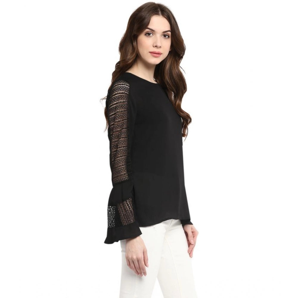 PKRKART Women's Polyester Georgette Self Design Bell Sleeve Regular Top (Black)