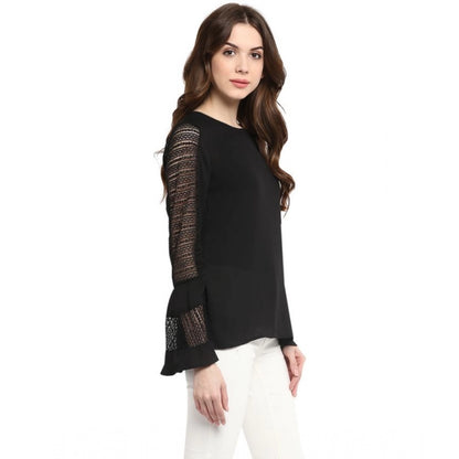 PKRKART Women's Polyester Georgette Self Design Bell Sleeve Regular Top (Black)