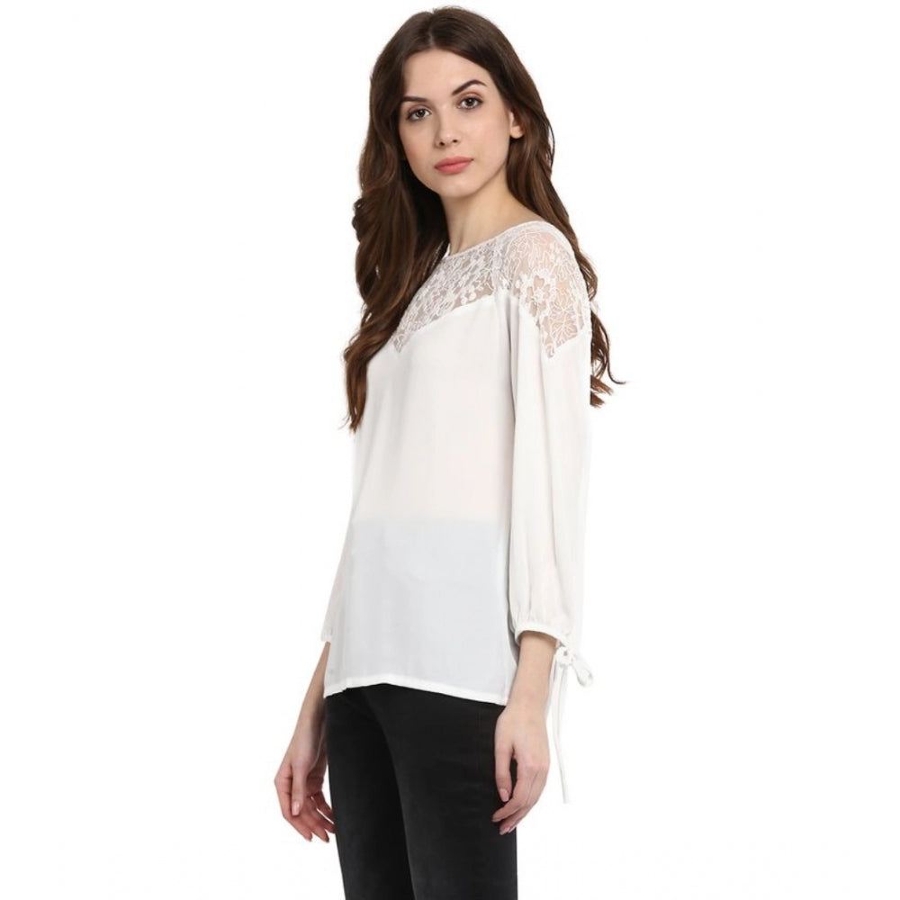 PKRKART Women's Polyester Georgette Self Design 3-4th Sleeves Regular Top (White)