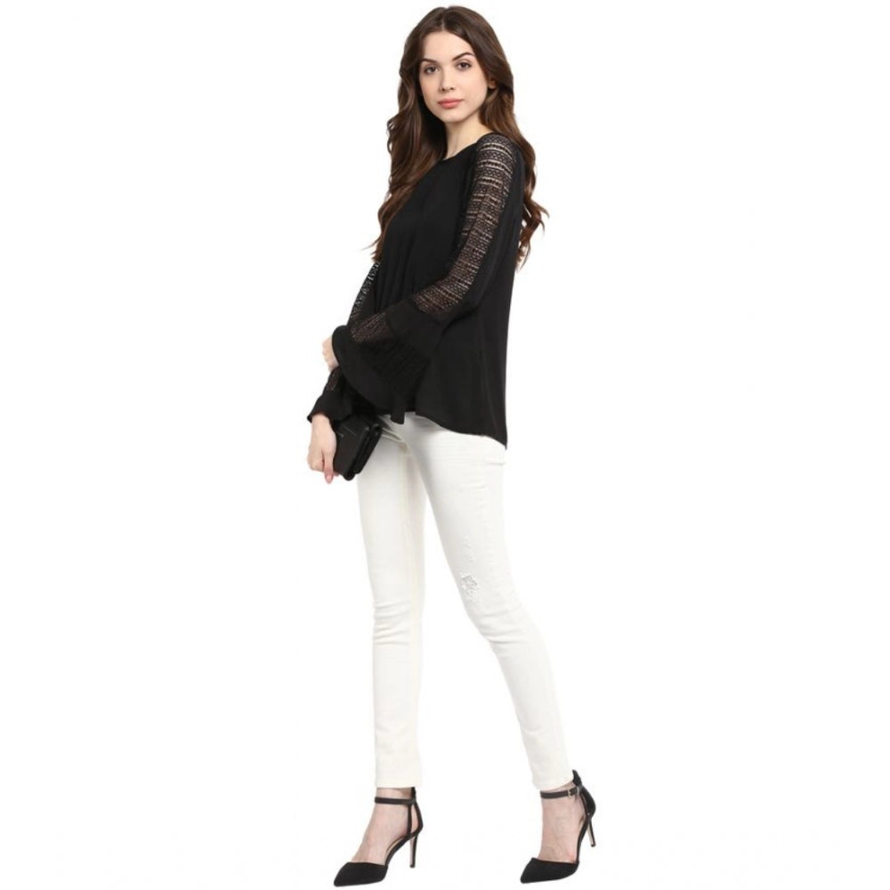 PKRKART Women's Polyester Georgette Self Design Bell Sleeve Regular Top (Black)