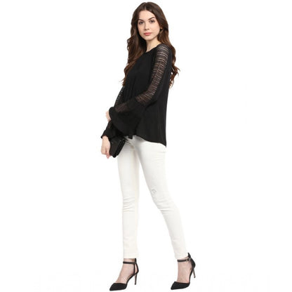 PKRKART Women's Polyester Georgette Self Design Bell Sleeve Regular Top (Black)