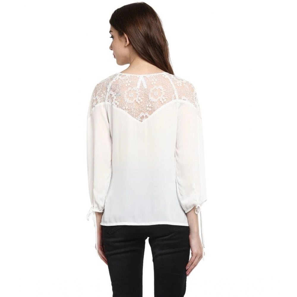 PKRKART Women's Polyester Georgette Self Design 3-4th Sleeves Regular Top (White)