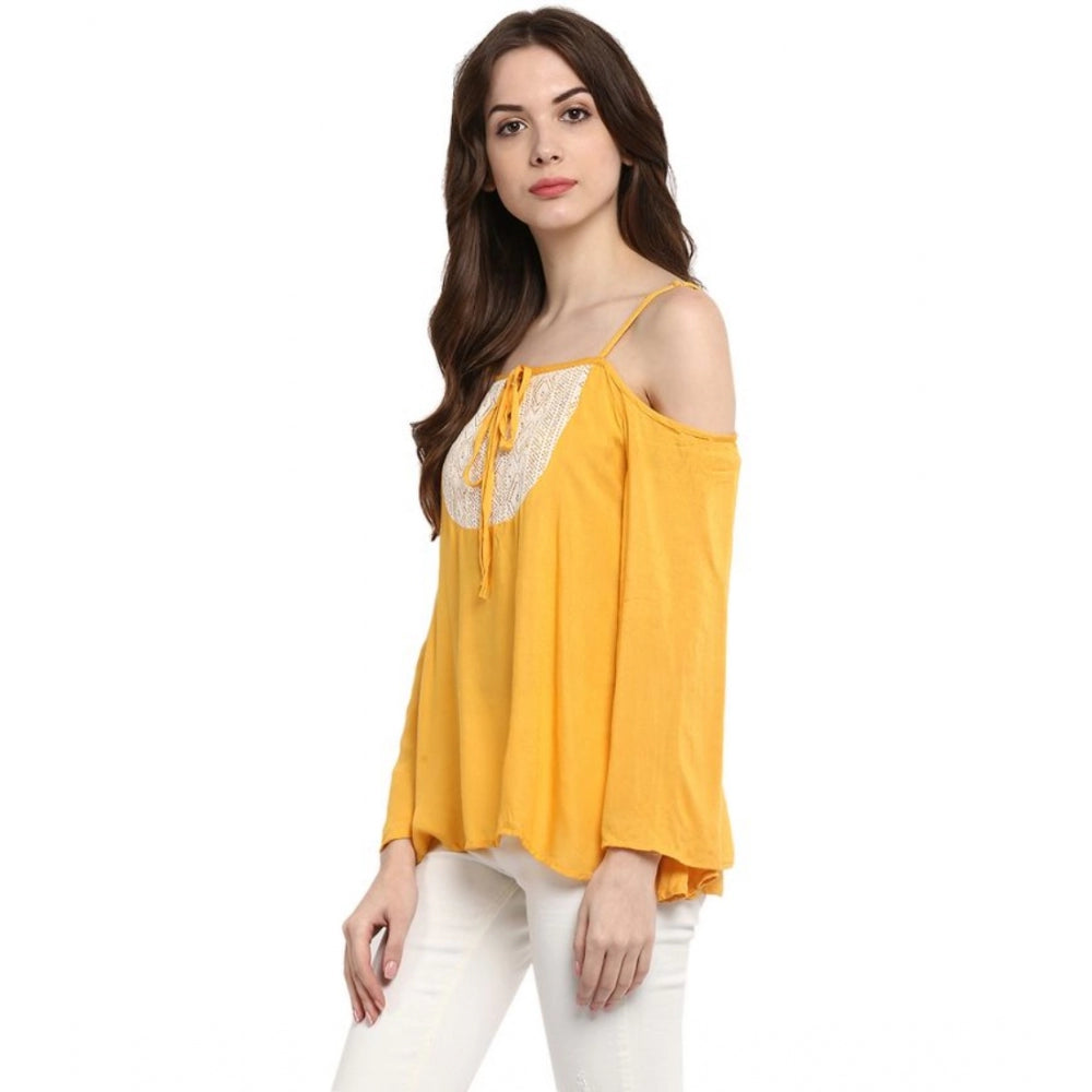 PKRKART Women's Rayon Embellished Cold Shoulder Regular Top (Mustard Yellow)