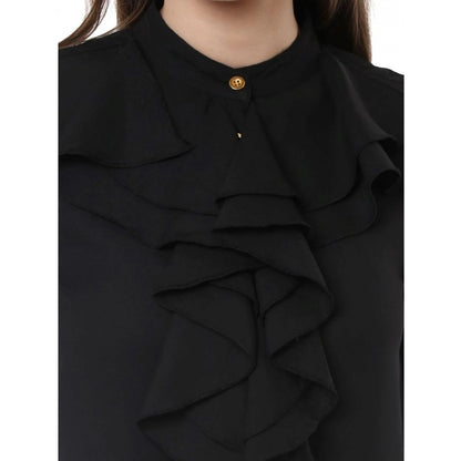 PKRKART Women's Polyester Ruffled Long Sleeves Top (Black)