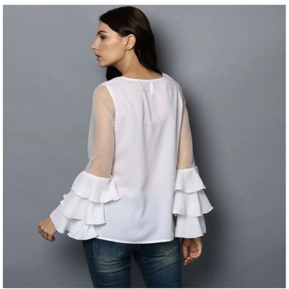 PKRKART Women's Polyester Solid Tier Sleeve Top (White)