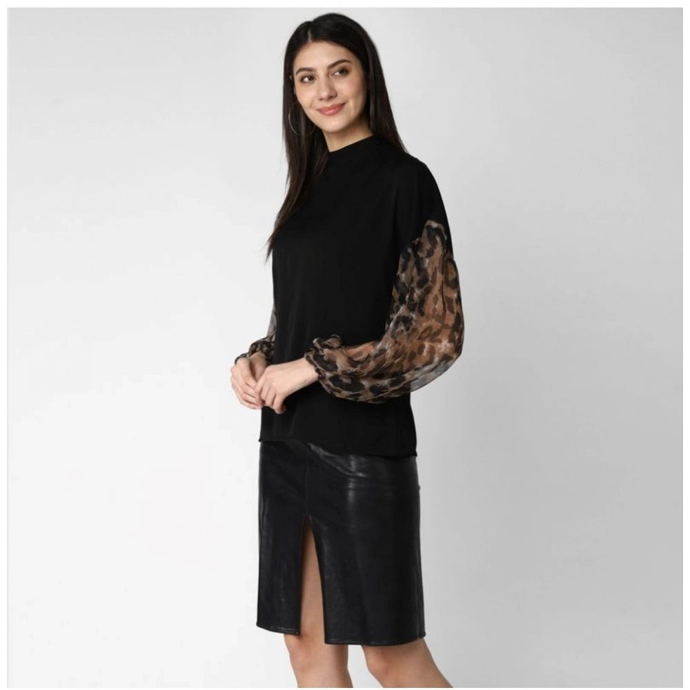 PKRKART Women's Polyester Animal Print Long Sleeves Top (Black)