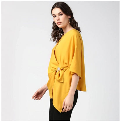 PKRKART Women's Polyester Solid Cape Sleeve Top (Yellow)