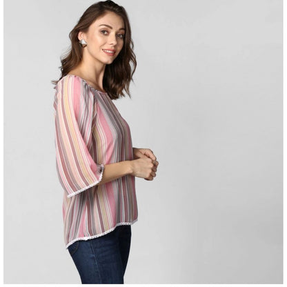 PKRKART Women's Polyester Striped 3-4th Sleeves Top (Pink)