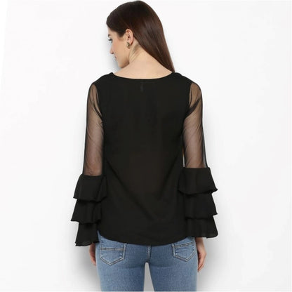 PKRKART Women's Polyester Solid Tier Sleeve Top (Black)