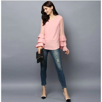 PKRKART Women's Polyester Solid Tier Sleeve Top (Pink)