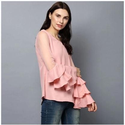PKRKART Women's Polyester Solid Tier Sleeve Top (Pink)