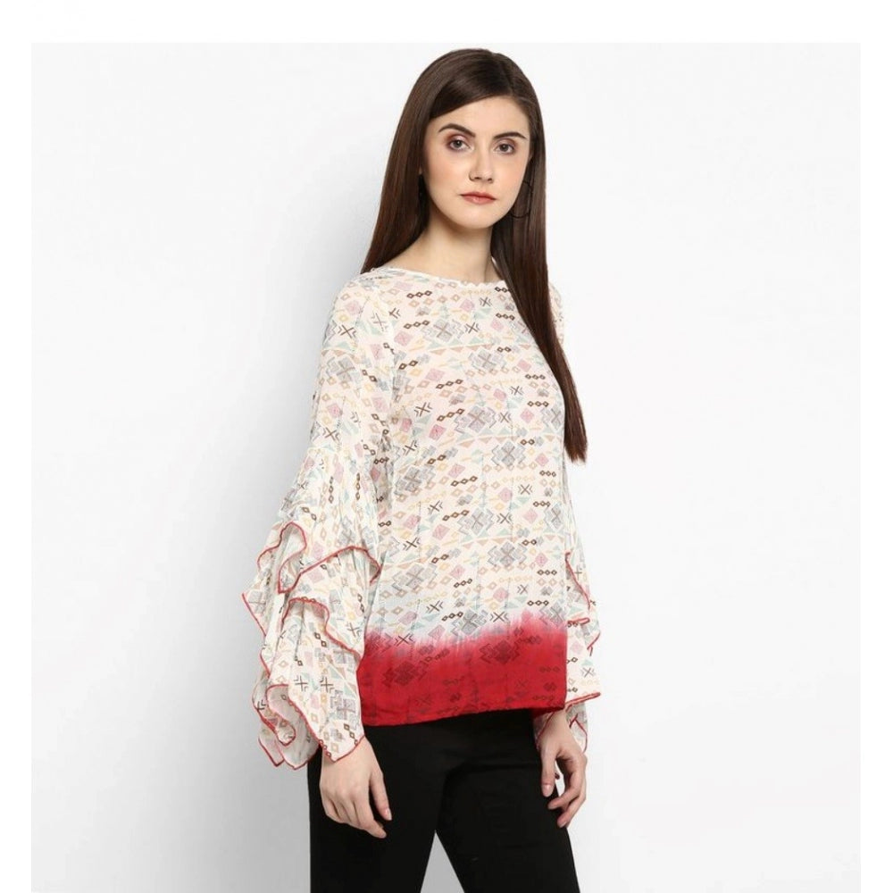 PKRKART Women's Rayon Crepe Printed Ruffle Sleeve Top (Off White - Red)