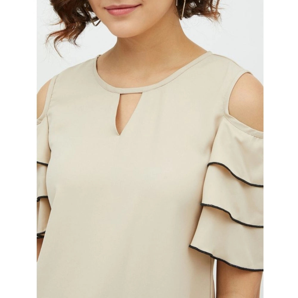 PKRKART Women's Polyester Tiered Cold Shoulder Top (Beige)