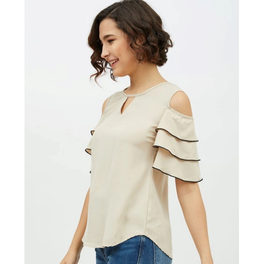 PKRKART Women's Polyester Tiered Cold Shoulder Top (Beige)