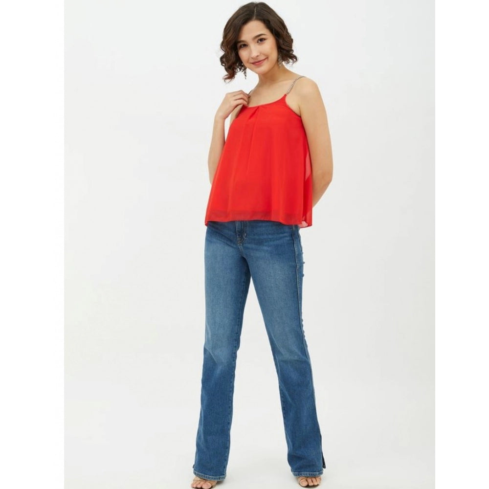 PKRKART Women's Polyester Embellished Shoulder Straps Top (Red)