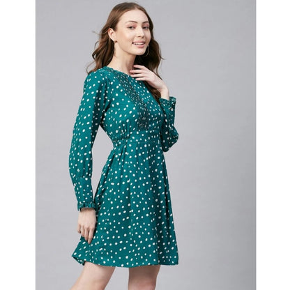 PKRKART Women's Polyester Polka Long Sleeves Above Knee Dress (Green - White)