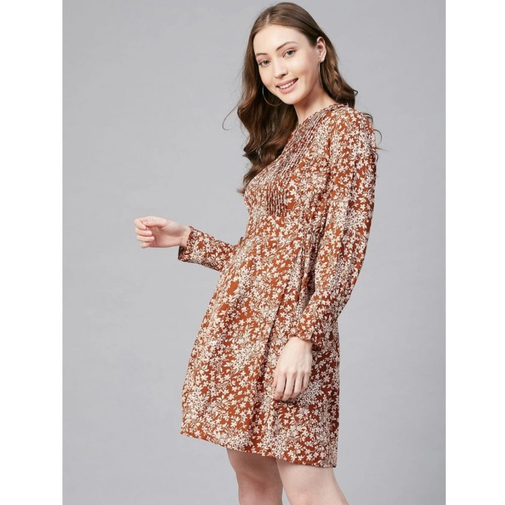 PKRKART Women's Polyester Floral Long Sleeves Above Knee Dress (Rust)