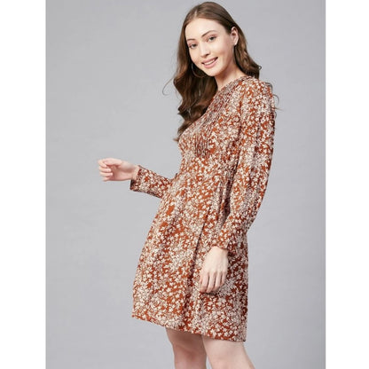 PKRKART Women's Polyester Floral Long Sleeves Above Knee Dress (Rust)