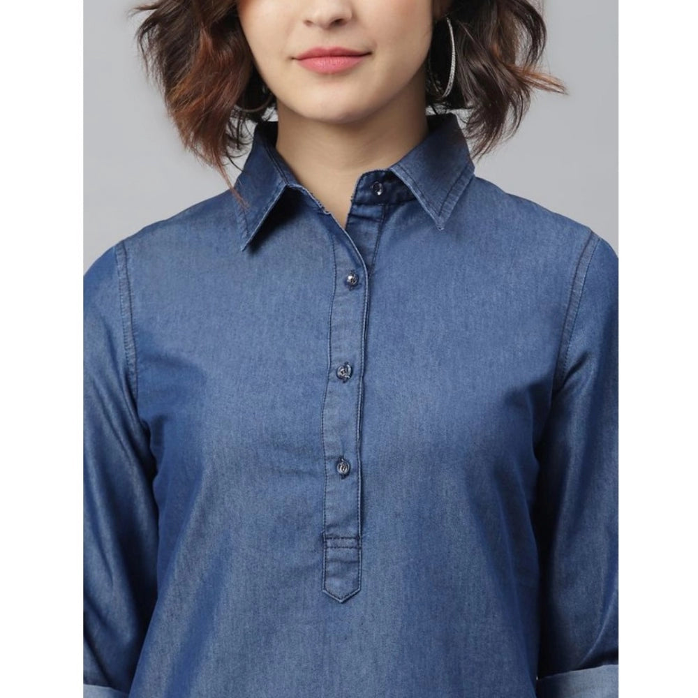 PKRKART Women's Denim Solid Long Sleeves Above Knee Dress (Navy Blue)