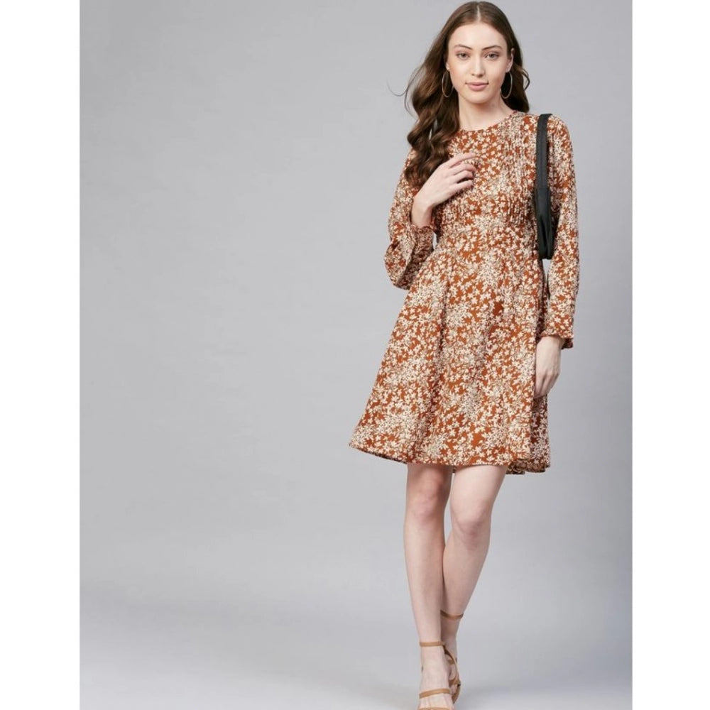 PKRKART Women's Polyester Floral Long Sleeves Above Knee Dress (Rust)