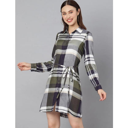 PKRKART Women's Cotton Checkered Long Sleeves Above Knee Dress (Olive - White)