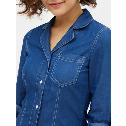PKRKART Women's Denim Solid Long Sleeves Above Knee Dress (Blue)