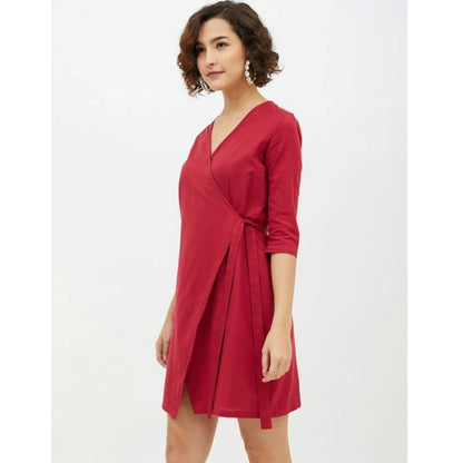 PKRKART Women's Cotton Wrap 3-4th Sleeves Above Knee Dress (Maroon)