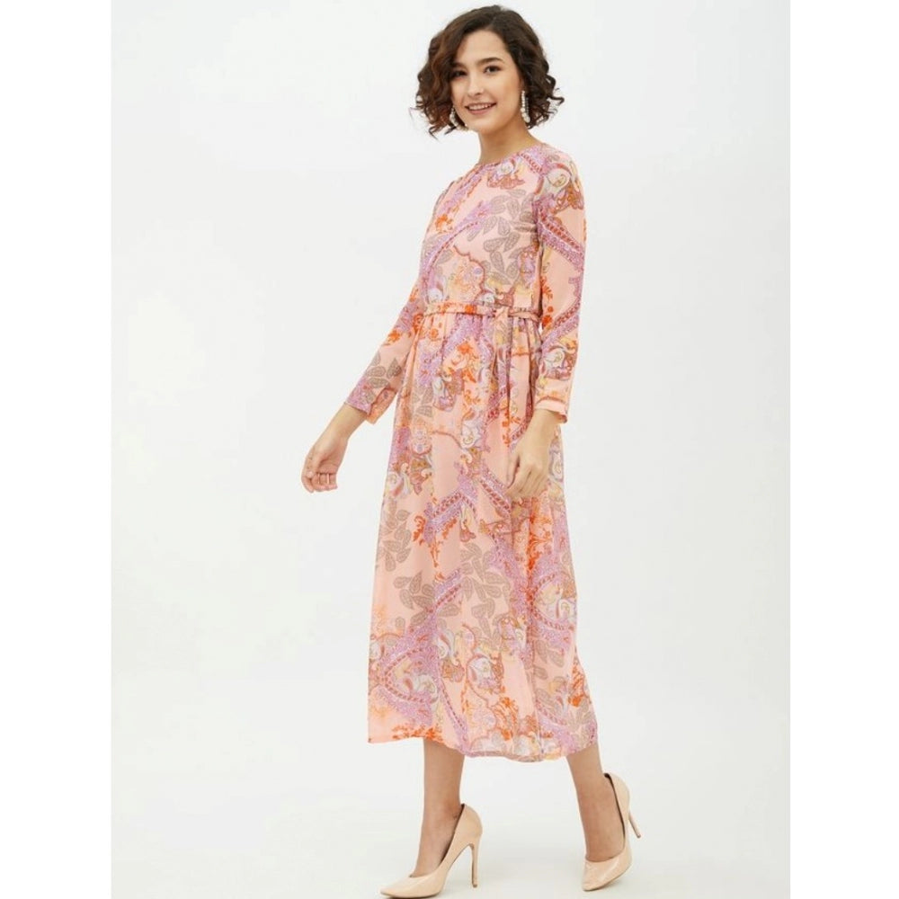 PKRKART Women's Polyester Printed Long Sleeves Calf-length Dress (Multicolor)