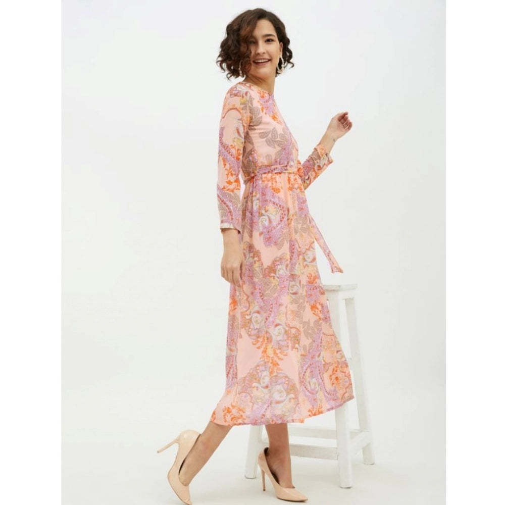 PKRKART Women's Polyester Printed Long Sleeves Calf-length Dress (Multicolor)