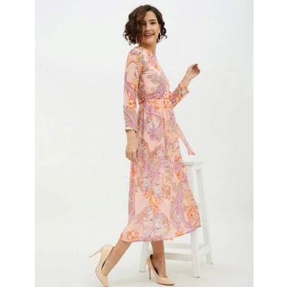 PKRKART Women's Polyester Printed Long Sleeves Calf-length Dress (Multicolor)