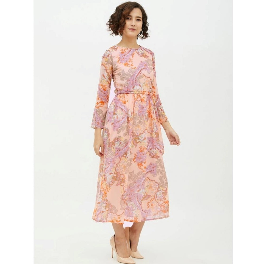 PKRKART Women's Polyester Printed Long Sleeves Calf-length Dress (Multicolor)
