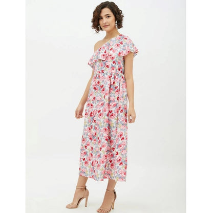 PKRKART Women's Polyester Floral One Shoulder Calf-length Dress (Multicolor)