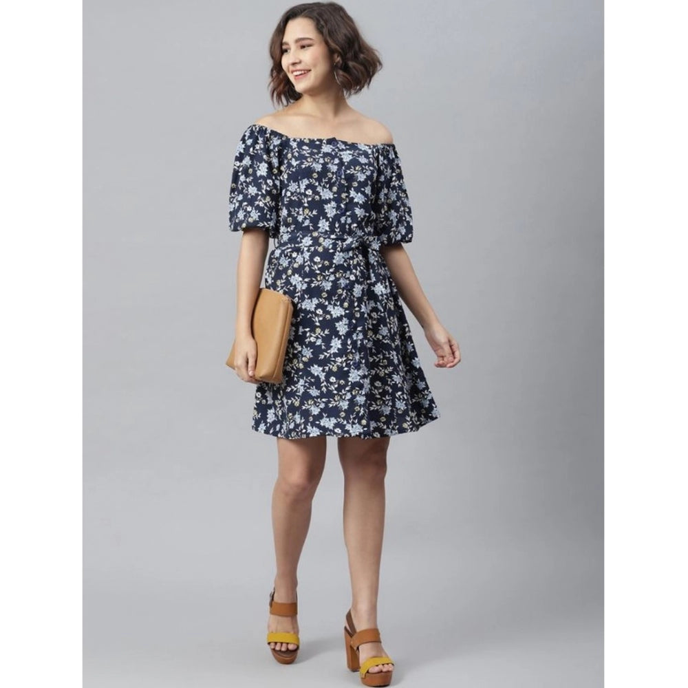 PKRKART Women's Polyester Off Shoulder Half Sleeve Above Knee Dress (Blue)