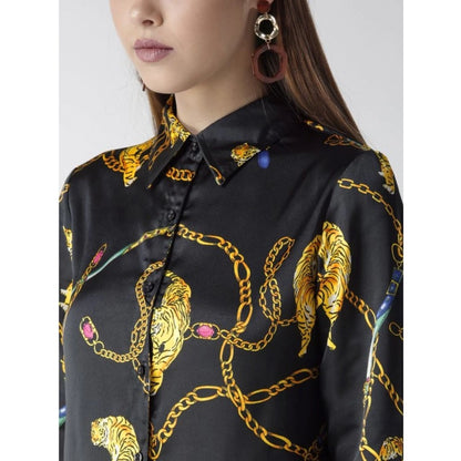 PKRKART Women's Satin Printed Long Sleeves Standard Length Shirt (Black - Gold)