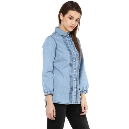 PKRKART Women's Denim Solid 3-4th Sleeves Standard Length Shirt (Blue)