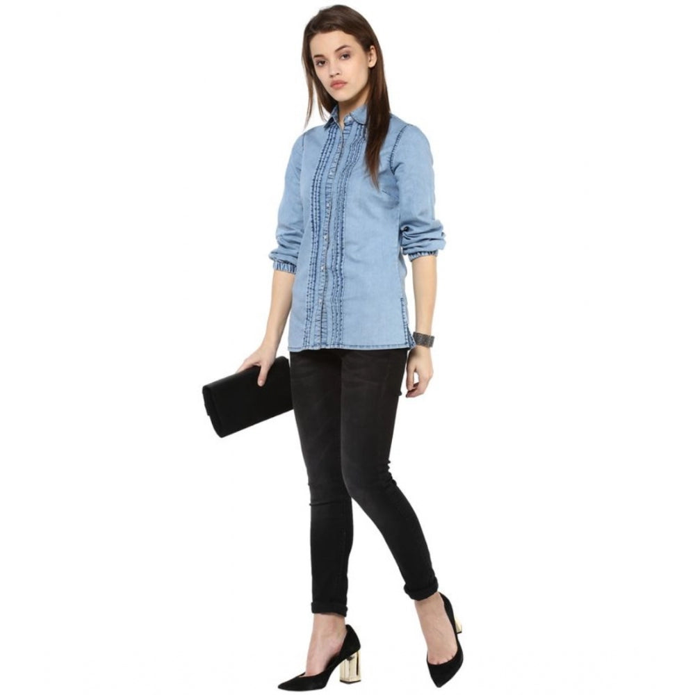 PKRKART Women's Denim Solid 3-4th Sleeves Standard Length Shirt (Blue)