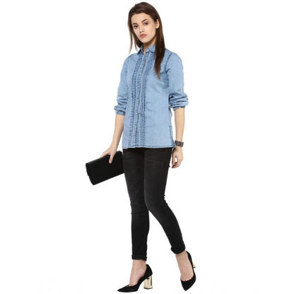 PKRKART Women's Denim Solid 3-4th Sleeves Standard Length Shirt (Blue)