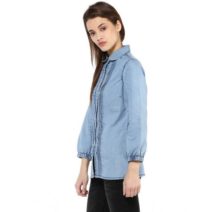 PKRKART Women's Denim Solid 3-4th Sleeves Standard Length Shirt (Blue)