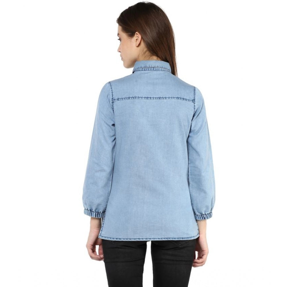 PKRKART Women's Denim Solid 3-4th Sleeves Standard Length Shirt (Blue)