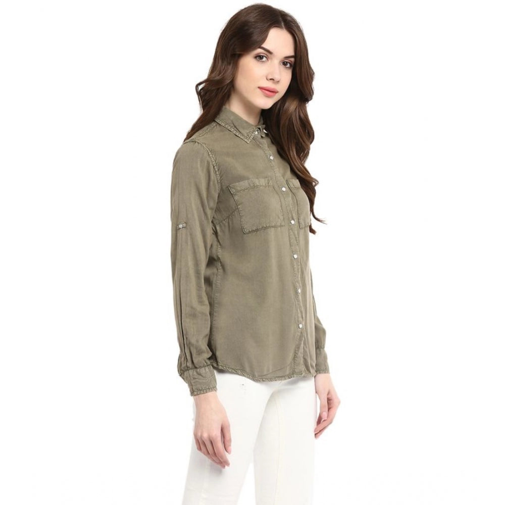 PKRKART Women's Rayon Solid Long Sleeves Standard Length Shirt (Olive Green)