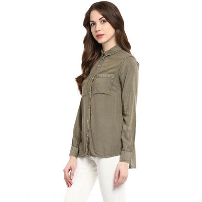 PKRKART Women's Rayon Solid Long Sleeves Standard Length Shirt (Olive Green)