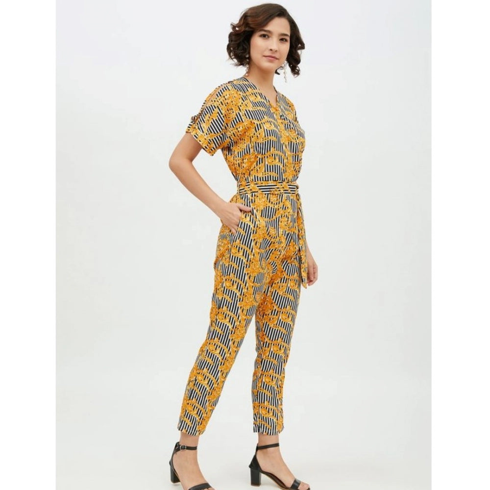 PKRKART Women's Polyester Printed Half Sleeve Long Jumpsuit (Yellow)