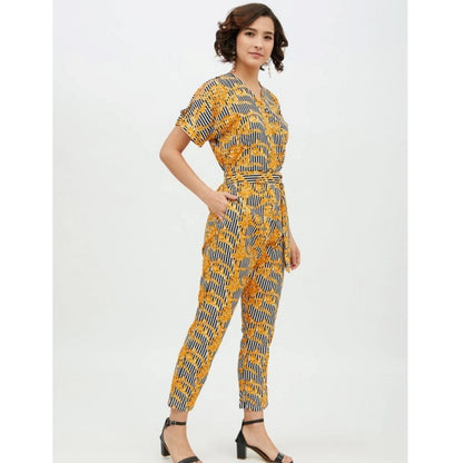 PKRKART Women's Polyester Printed Half Sleeve Long Jumpsuit (Yellow)