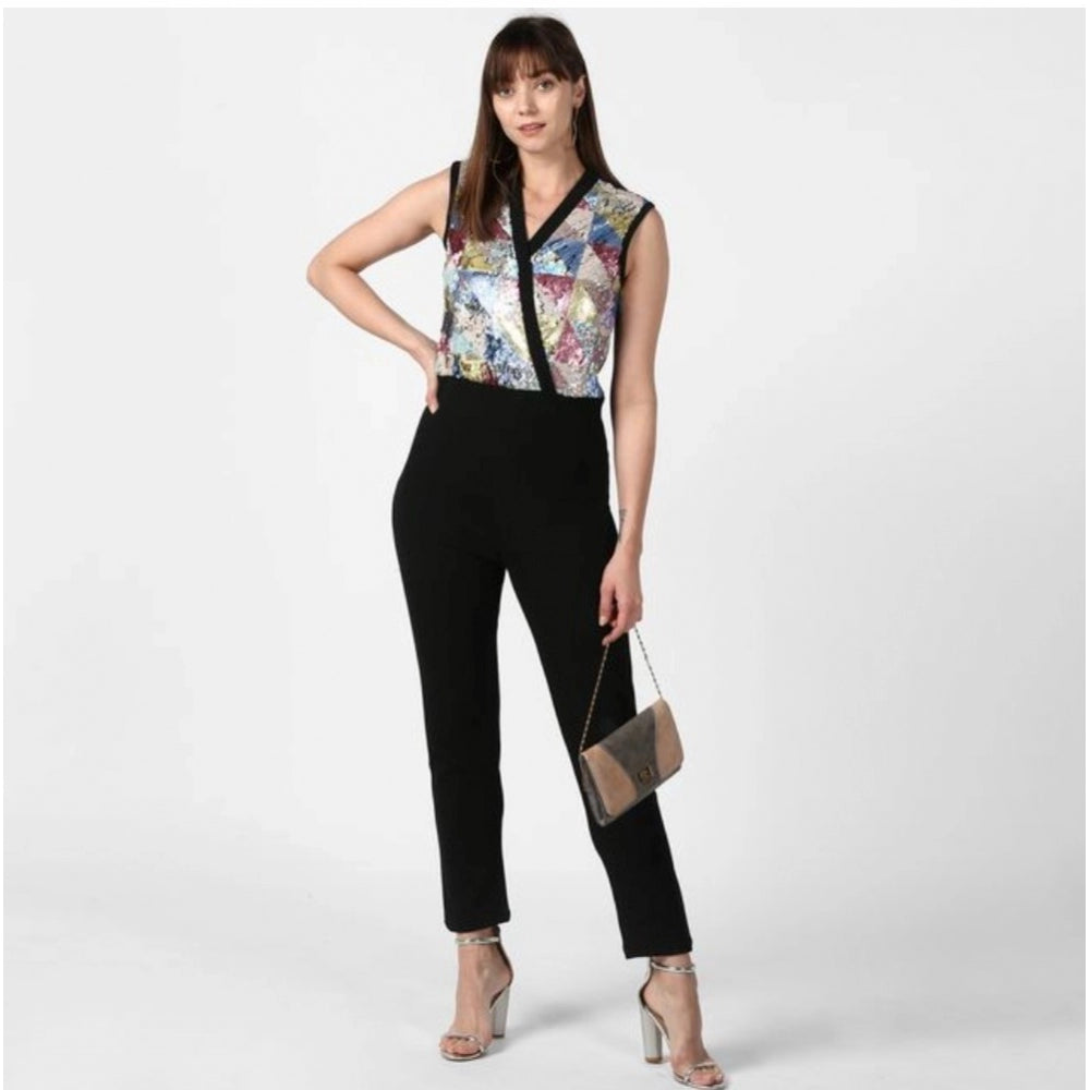 PKRKART Women's Polyester Embellished Sleeveless Jumpsuit (Black)