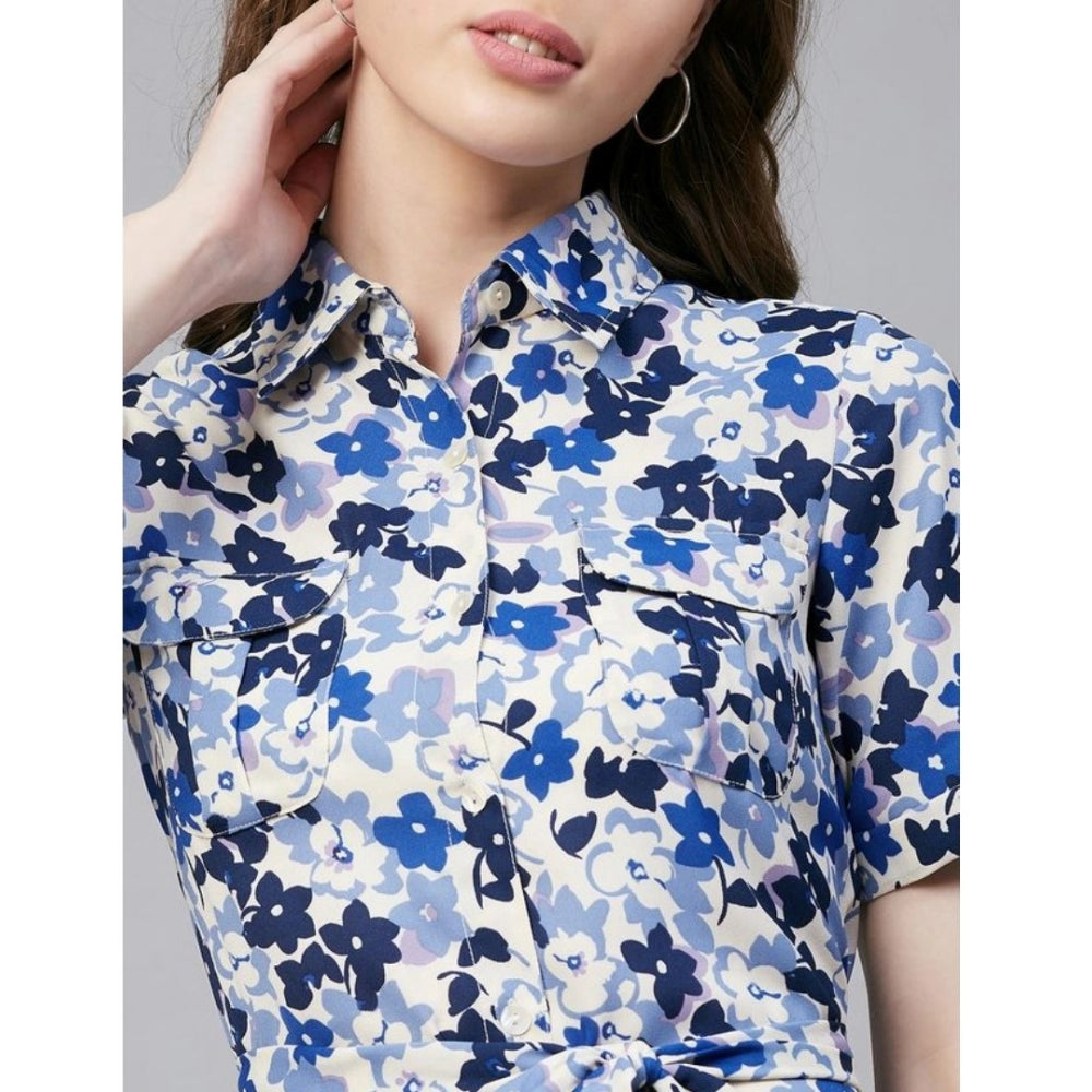 PKRKART Women's Polyester Floral Short Sleeve Above Knee Dress (Blue - White)