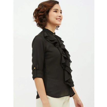 PKRKART Women's Polyester Ruffled Long Sleeves Standard Length Shirt (Black)