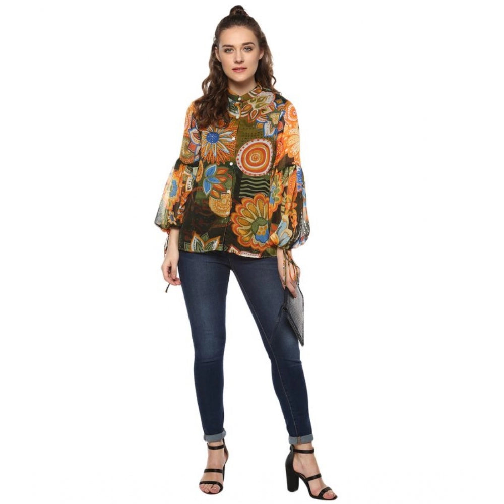 PKRKART Women's Polyester Floral Balloon Sleeve Top (Mustard - Olive)