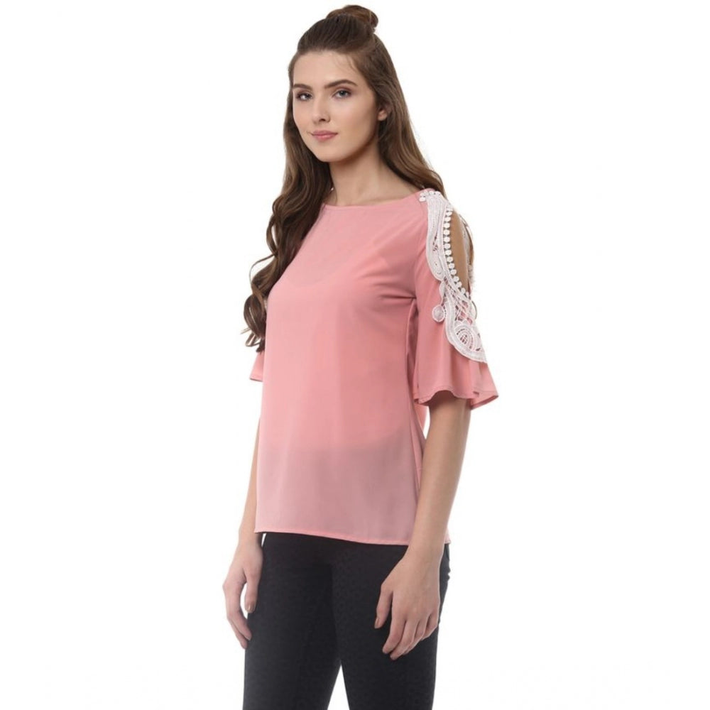 PKRKART Women's Polyester Lace Inserts Half Sleeve Top (Pink)