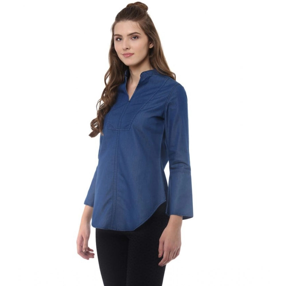 PKRKART Women's Denim Solid Bell Sleeve Regular Top (Blue Denim)