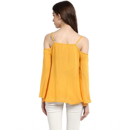 PKRKART Women's Rayon Embellished Cold Shoulder Regular Top (Mustard Yellow)